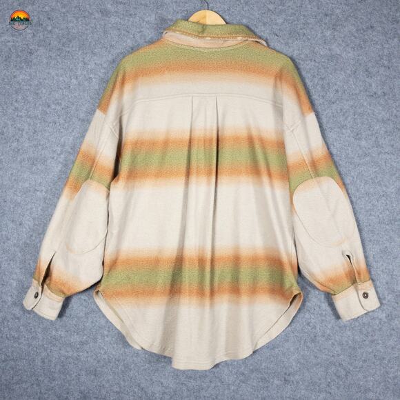 Free People Button Front Shacket Beige Green Ombre Stripes Cottage Women's Sz XL - Picture 2 of 13